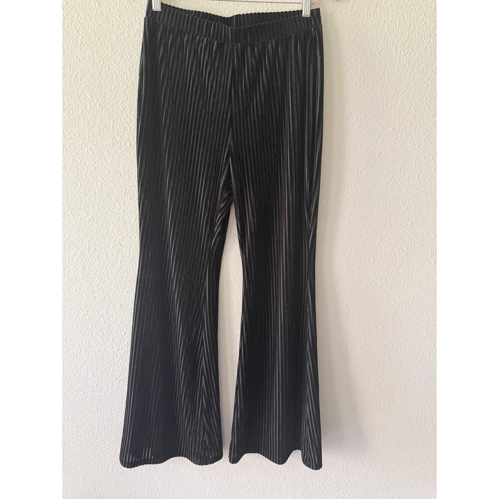 Black Velvet Plisse Flare Pants Approx. Women’s Large Stretch Pull-On Wide Leg